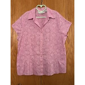 Sarah Bentley Shirt Wm XL Pink Short Sleeve Button Down VTG Floral Silver Thread